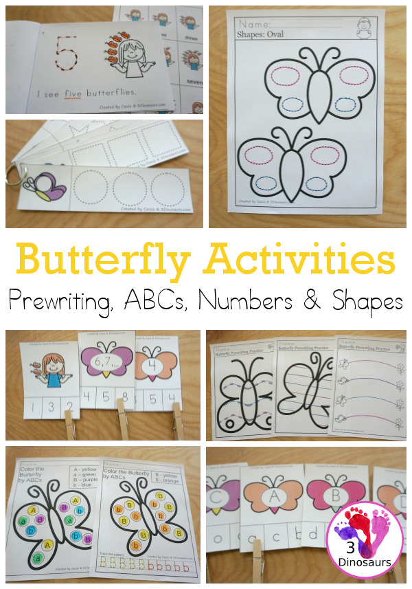 Butterfly Themed Prewriting, Shape, ABCs & Numbers - a fu activity pack with 189 pages of printables with a mix of no-prep, easy reader books and clip cards for learning with a butterfly theme for kids to try out  - 3Dinosaurs.com