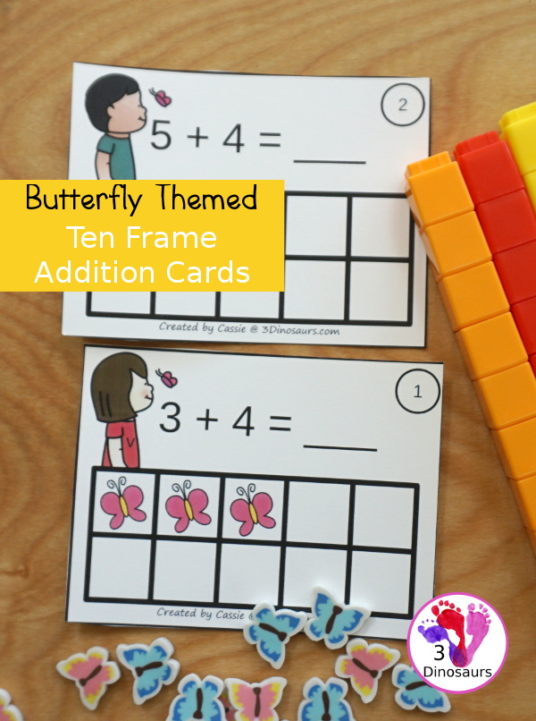 Free Butterfly Addition Ten Frame Cards - 2 sets of cards with matching recording sheet. These are great for individual practice or a math center  - 3Dinosaurs.com