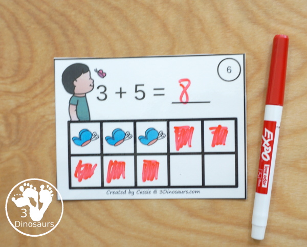 Free Butterfly Addition Ten Frame Cards - 2 sets of cards with matching recording sheet. These are great for individual practice or a math center  - 3Dinosaurs.com