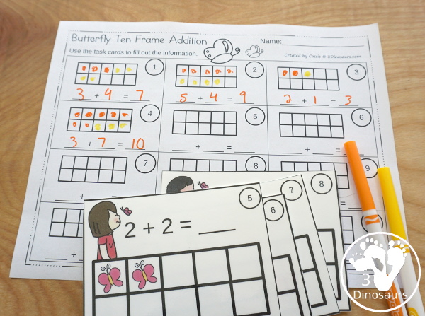 Free Butterfly Addition Ten Frame Cards - 2 sets of cards with matching recording sheet. These are great for individual practice or a math center  - 3Dinosaurs.com