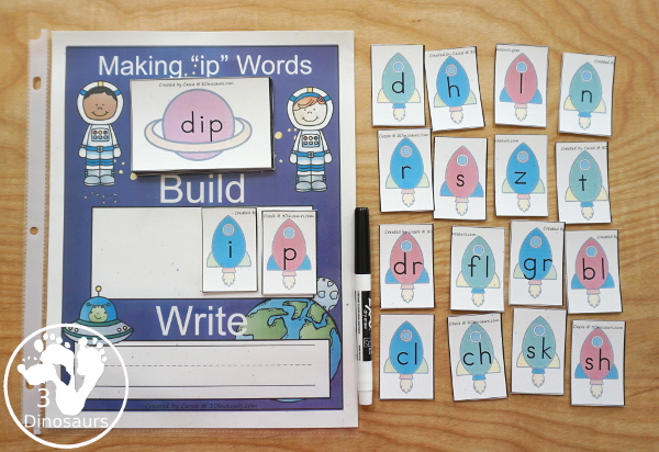 Free Space Themed Hands-On Mat for Making IP Word Family Words - a fun way to work on building the different types of ip words with a space theme - 3Dinosaurs.com