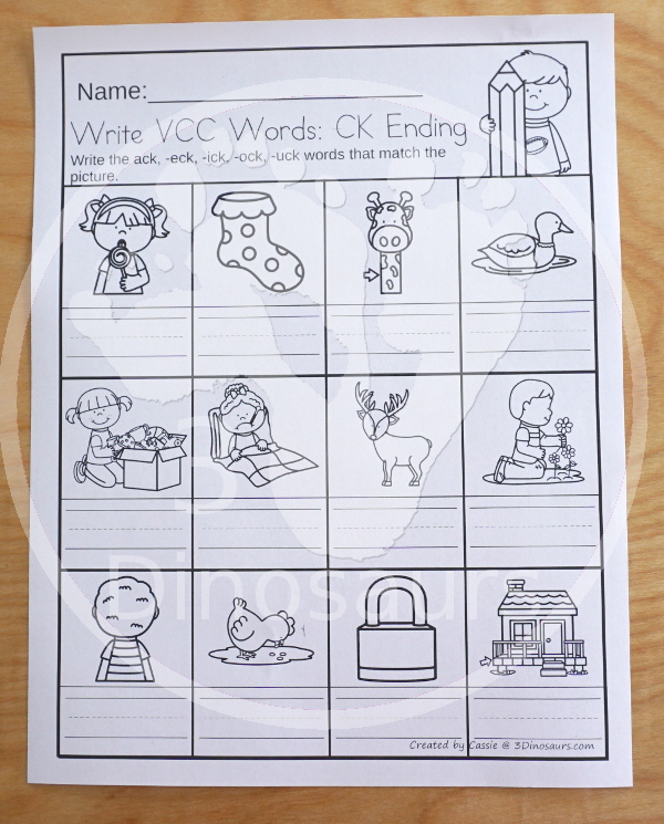Free CVCC & CCVCC Word Family Write the Words No-Prep Worksheet - 4 worksheets with ll, nd, sh, and ng word endings and each page has one ending per page - 3Dinosaurs.com  #3dinosaurs  #firstgrade #secondgrade #ccvcc #vcc #cvcc #wordfamily #learningtoread #endingblends #freeprintable