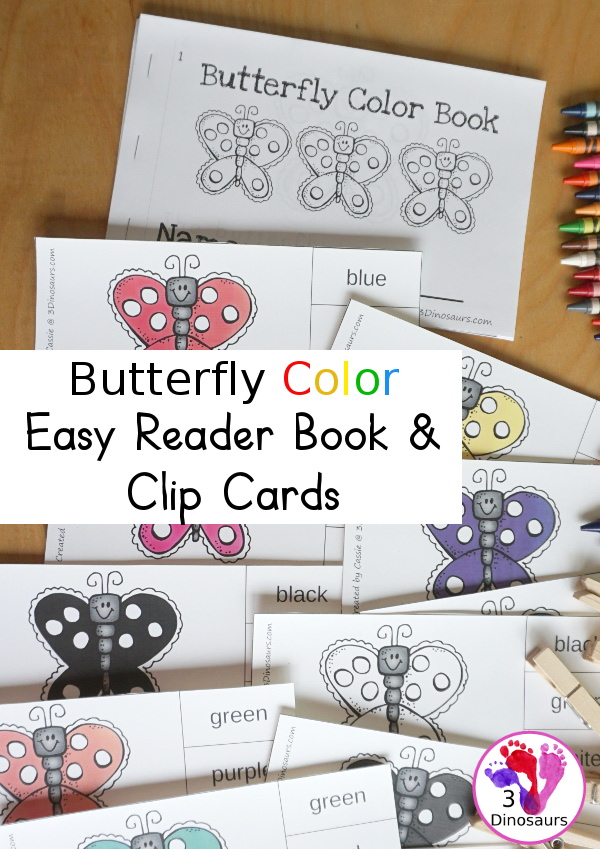 Free Butterfly Color Easy Reader Book & Clip Cards - a fun color easy reader book with a butterfly theme with matching color clip cards that works on 11 color words - 3Dinosaurs.com