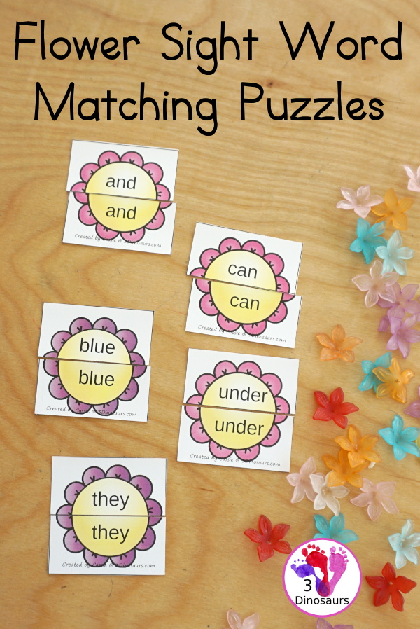 Free Spring Themed Flower Sight Word Matching Puzzles with 220 Sight Words - with two-piece matching puzzles for all 220 Dolch Sight words. A very fun way to work on sigh words - 3Dinosaurs.com