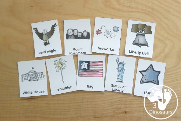 Free 4th of July Pack for Tot, PreK & Kindergarten - a mix of Fourth of July hands-on printables and Fourth of July worksheets for kids. A mix of great activities for kids to learn different words that are about the Fourth of July. 3Dinosaurs.com