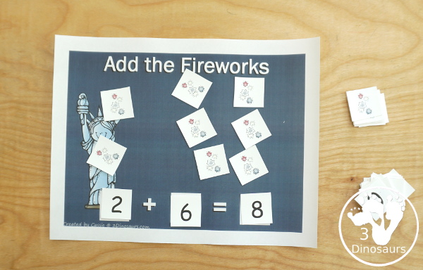 Free 4th of July Pack for Tot, PreK & Kindergarten - a mix of Fourth of July hands-on printables and Fourth of July worksheets for kids. A mix of great activities for kids to learn different words that are about the Fourth of July. 3Dinosaurs.com