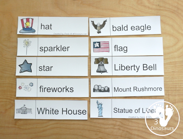 Free 4th of July Pack for Tot, PreK & Kindergarten - a mix of Fourth of July hands-on printables and Fourth of July worksheets for kids. A mix of great activities for kids to learn different words that are about the Fourth of July. 3Dinosaurs.com