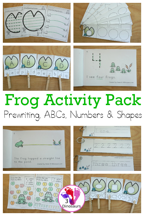 Frog Activity Pack: Prewriting, ABCs, Shapes, & Numbers - a fun set of frog activities in this fun printable pack that has easy reader books, clip cards, tracing strips and no-prep printables all to help kids learn in a fun way - 3Dinosaurs.com