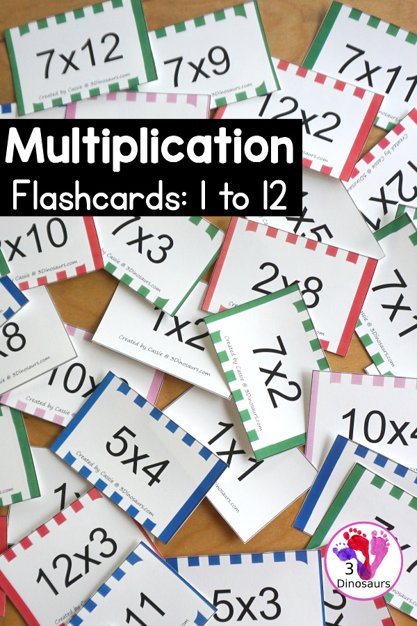 Free Multiplication Flash Cards Printables - with multiplication from 1 to 12 with white, red, green, pink and blue options for the cards with 8 cards on each page - 3Dinosaurs.com