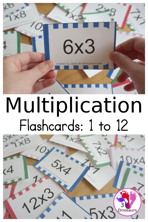 Free Multiplication Flash Cards Printables - with multiplication from 1 to 12 with white, red, green, pink and blue options for the cards with 8 cards on each page - 3Dinosaurs.com