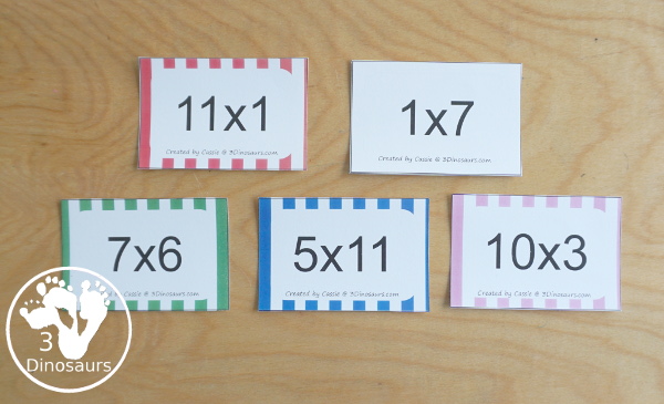 Free Multiplication Flash Cards Printables - with multiplication from 1 to 12 with white, red, green, pink and blue options for the cards with 8 cards on each page - 3Dinosaurs.com