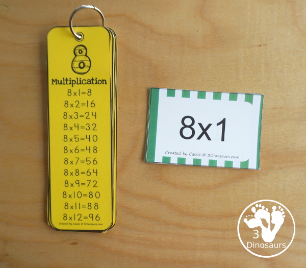 Free Multiplication Flash Cards Printables - with multiplication from 1 to 12 with white, red, green, pink and blue options for the cards with 8 cards on each page - 3Dinosaurs.com
