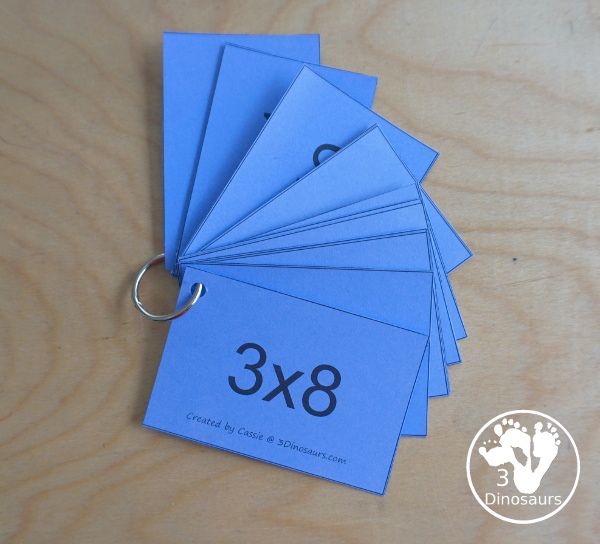 Free Multiplication Flash Cards Printables - with multiplication from 1 to 12 with white, red, green, pink and blue options for the cards with 8 cards on each page - 3Dinosaurs.com
