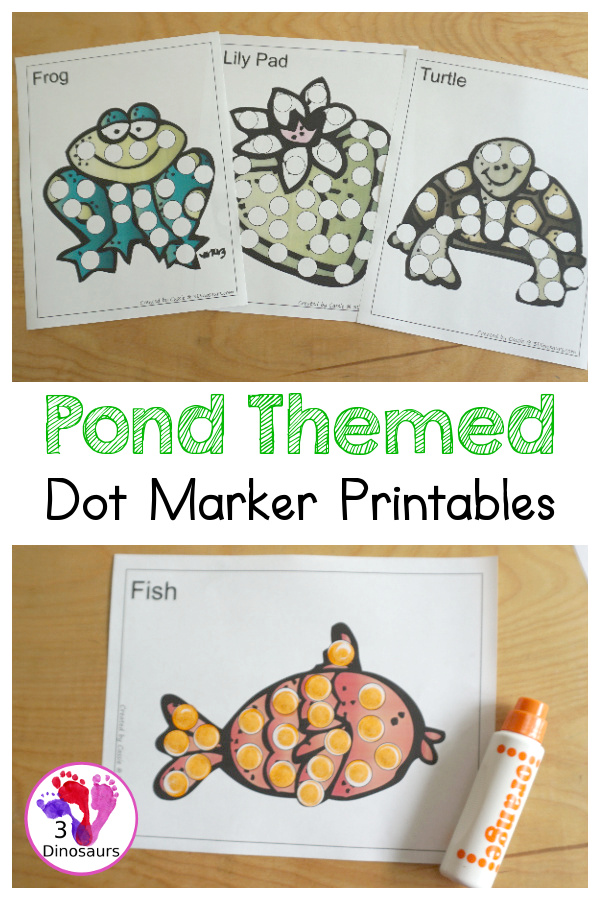 Free Pond Dot Markers Printables - it has several pond animals that go great with the book Jump Frog Jump - a fun set of fine motor mats - 3Dinosaurs.com