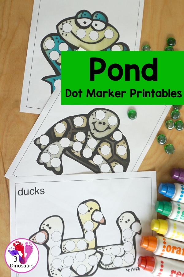 Free Pond Dot Markers Printables for Tot & Preschool - with several pond animals that go great with the book Jump Frog Jump - a fun set of fine motor mats - 3Dinosaurs.com
