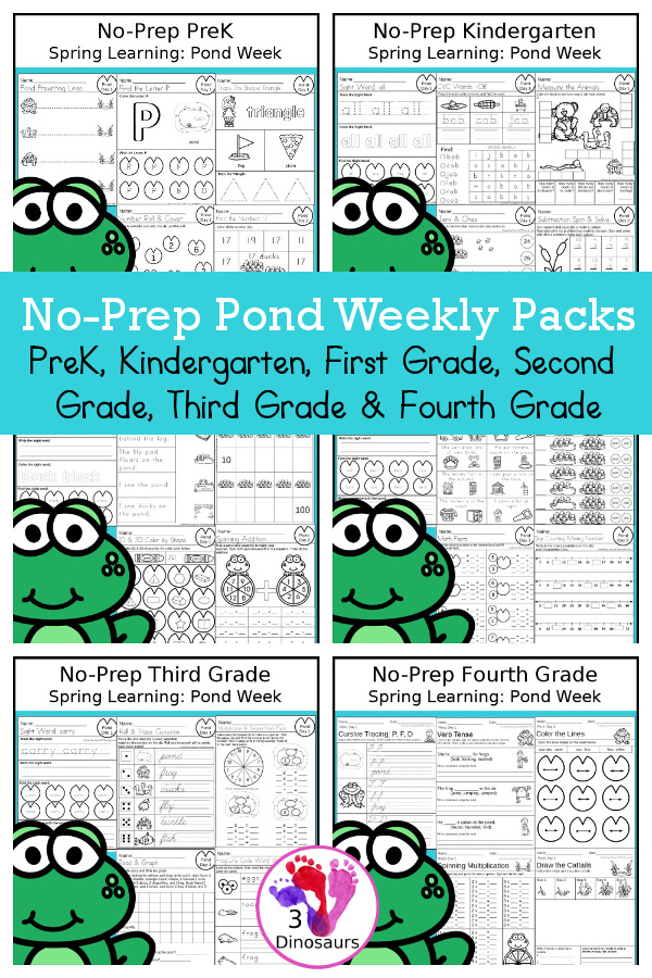 Pond No-Prep Weekly Packs PreK, Kindergarten, First Grade, Second Grade, Third Grade & Fourth Grade with 5 days of activities to do for each grade level With loads of pond animals in the mix - You will find a mix of math, language, and more - These are easy to use packs for summer learning, homework, early finisher, and morning work. Easy no-prep printables for kids with four pages for each day - 3Dinosaurs.com