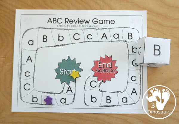 Free Romping and Roaring ABC Review Pack - with letter a, letter b, and letter c printables for reviewing the three letters with tracing, puzzles, coloring pages, finger puppets, game and more - 3Dionsaurs.com