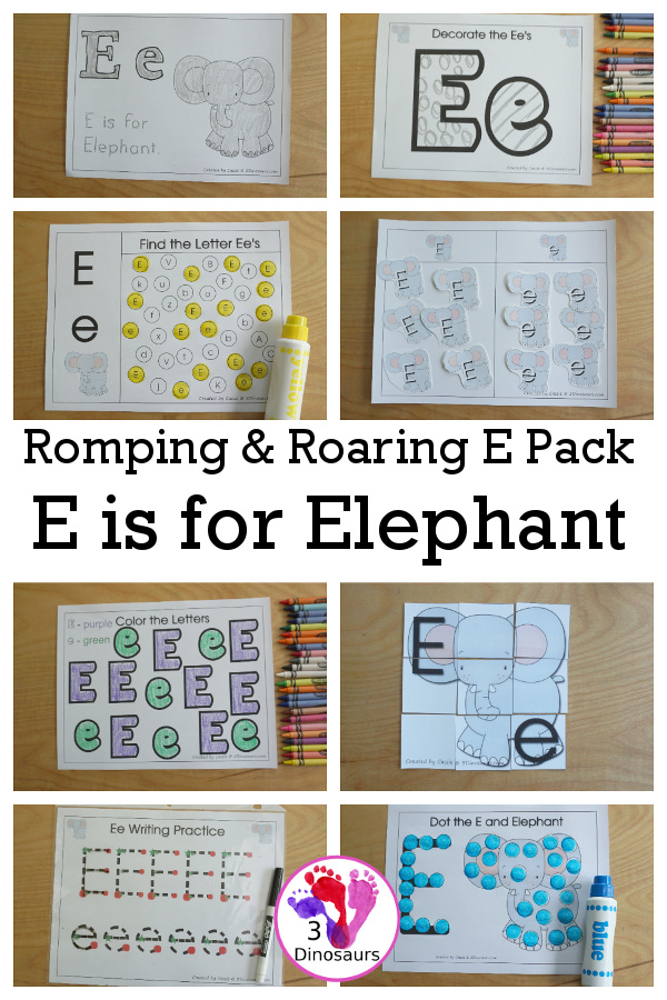 Free Romping & Roaring E Pack Letter Pack: E is for Elephant - a letter E pack that has prewriting, finding letters, tracing letters, coloring pages, shapes, puzzles, and more to help kids learn their letter of the alphabet - 3Dinosaurs.com