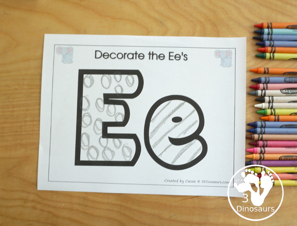 Free Romping & Roaring E Pack Letter Pack: E is for Elephant - a letter E pack that has prewriting, finding letters, tracing letters, coloring pages, shapes, puzzles, and more to help kids learn their letter of the alphabet - 3Dinosaurs.com