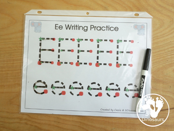 Free Romping & Roaring E Pack Letter Pack: E is for Elephant - a letter E pack that has prewriting, finding letters, tracing letters, coloring pages, shapes, puzzles, and more to help kids learn their letter of the alphabet - 3Dinosaurs.com