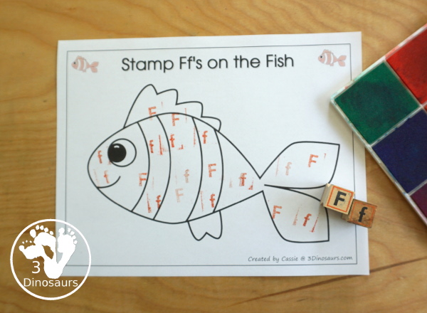 Free Romping & Roaring F Pack Letter Pack: F is for Fish - a letter F pack that has prewriting, finding letters, tracing letters, coloring pages, shapes, puzzles, and more to help kids learn their letter of the alphabet - 3Dinosaurs.com