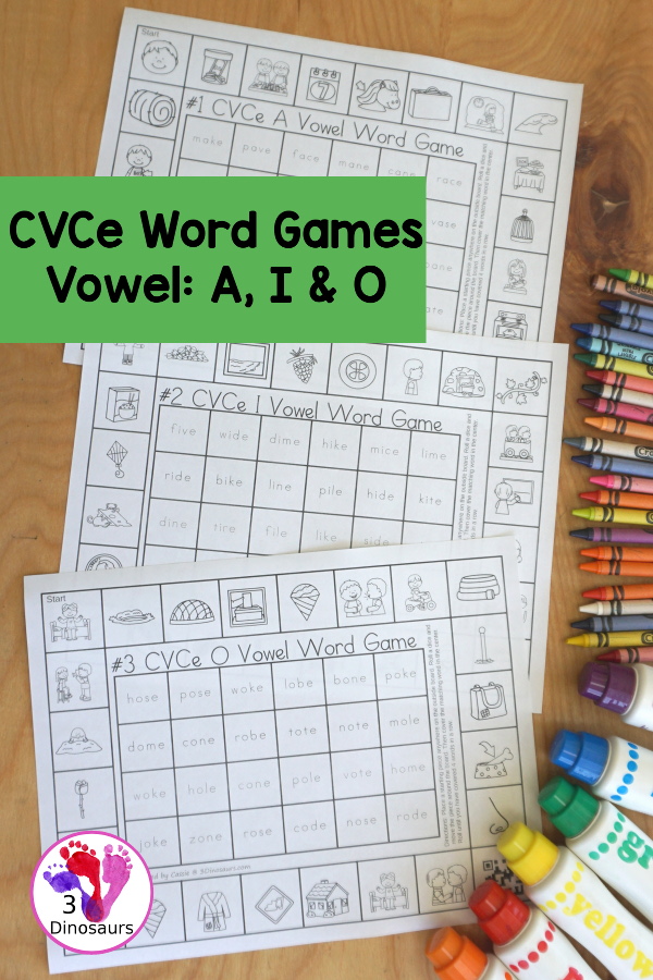 Free CVCe Word Printable Games – 3 Fun Games with a mix of games by long vowel sound with lots of CVCe words and pictures to play the games - 3Dinosaurs.com