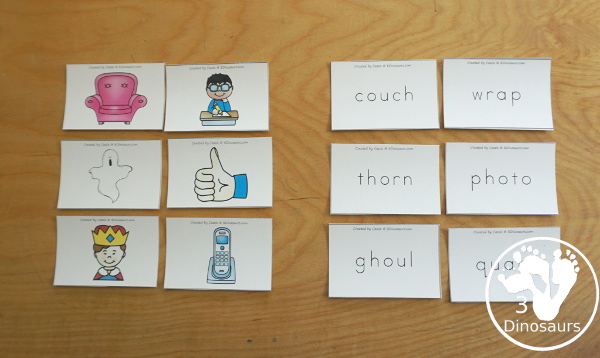 Free Digraph Matching Cards - 20 sets of cards for matching picture and beginning word blends plus see ways to use them - 3Dinosaurs.com