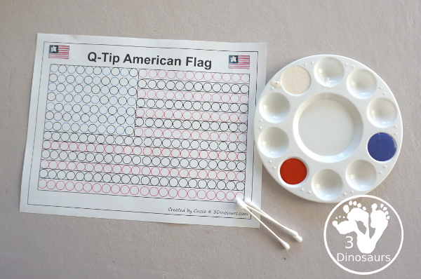 Q-Tip American Flag Painting Craft - an easy fine motor craft that kids can to do to make an American Flag. This is great for Flag Day, Memorial Day, and the Fourth of July - 3Dinosaurs.com