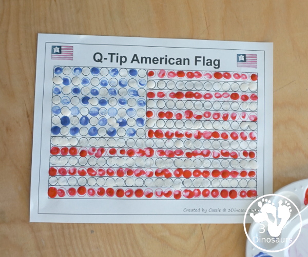 Q-Tip American Flag Painting Craft - an easy fine motor craft that kids can to do to make an American Flag. This is great for Flag Day, Memorial Day, and the Fourth of July - 3Dinosaurs.com 