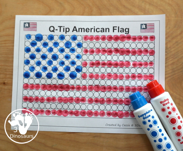Q-Tip American Flag Painting Craft - an easy fine motor craft that kids can to do to make an American Flag. This is great for Flag Day, Memorial Day, and the Fourth of July - 3Dinosaurs.com