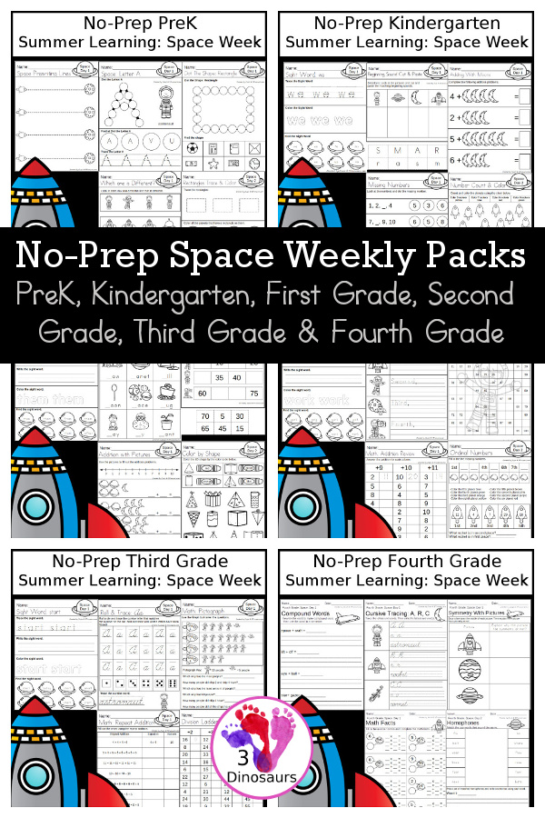 Space No-Prep Weekly Packs PreK, Kindergarten, First Grade, Second Grade, Third Grade & Fourth Grade with 5 days of activities to do for each grade level With loads of space and planet themes - You will find a mix of math, language, and more - These are easy to use packs for summer learning, homework, early finisher, and morning work. Easy no-prep printables for kids with four pages for each day - 3Dinosaurs.com