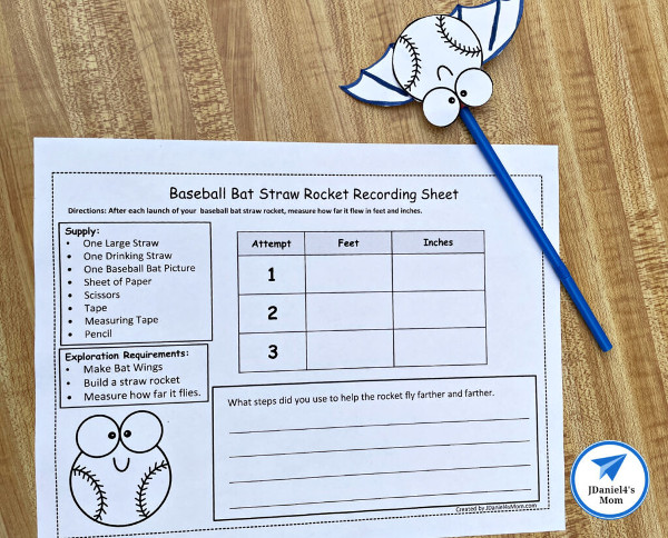 Free Baseball Bat Straw Rocket Activities and Recording Sheet Printableby JDaniel4's Mom