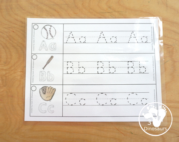 Free Baseball ABC Tracing Strips - with all 26 letters of the alphabet with uppercase and lowercase tracing together to work on letter handwriting. Plus an example of how to trace the letters - 3Dinosaurs.com