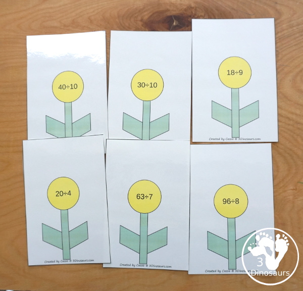 Free Flower Division Mat Printables - with 12 division flower mats for each number 1 to 12. You have two playdough mats on each page, where kids solve each division problem by making that make flower petals for the answer for each division mat - 3Dinosaurs.com