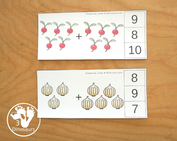 Free Garden Addition Clip Card Printables: Addition 1 to 10 - with two set of cards with a number line and without a number line. - 3Dinosaurs.com