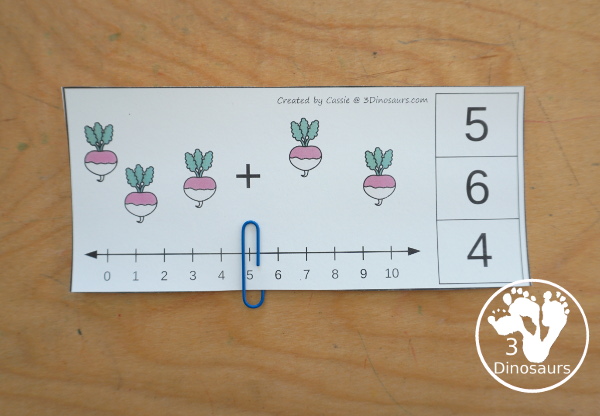 Free Garden Addition Clip Card Printables: Addition 1 to 10 - with two set of cards with a number line and without a number line. - 3Dinosaurs.com
