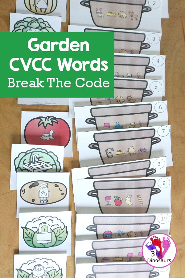 Free Garden CVCC Break The Code Printable - It has 12 baskets with matching CVCC picture and a recording sheet - a fun set of printables to work on sounds of letters - 3Dinosaurs.com