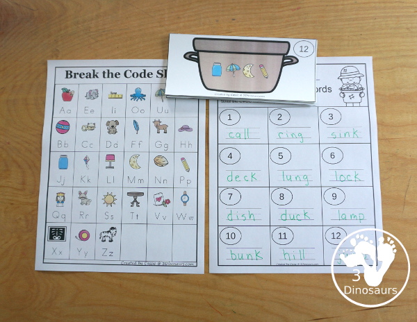 Free Garden CVCC Break The Code Printable - It has 12 baskets with matching CVCC picture and a recording sheet - a fun set of printables to work on sounds of letters - 3Dinosaurs.com