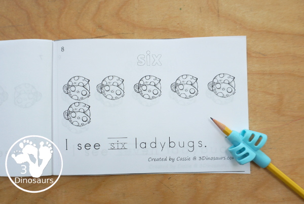 Free Ladybug Counting Book - with numbers - 0 to 10 for tracing and coloring the number word. A 12 page easy reader book - 3Dinosaurs.com