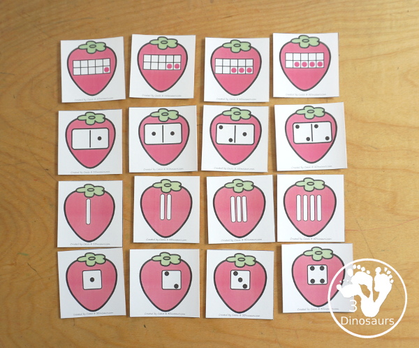 Free Strawberry Number Sense from 1 to 20 with matching several different number types to the numerical number including tally marks, dominos, ten frames, and dice  - 3Dinosaurs.com