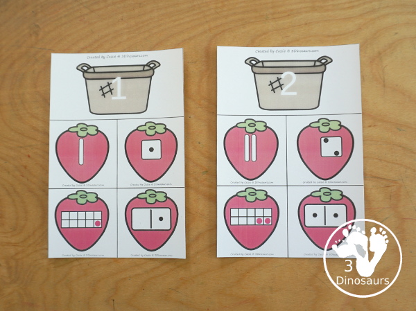 Free Strawberry Number Sense from 1 to 20 with matching several different number types to the numerical number including tally marks, dominos, ten frames, and dice  - 3Dinosaurs.com