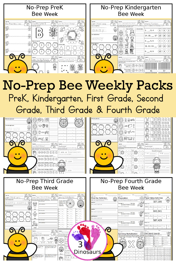 No-Prep Bee Weekly Packs PreK, Kindergarten, First Grade, Second Grade, Third Grade & Fourth Grade with 5 days of activities to do for each grade level with bee words, bee life cycle sequencing - You will find a mix of math, language, and more - These are easy to use packs for homework and morning work. Easy no-prep printables for kids with four pages for each day - 3Dinosaurs.com