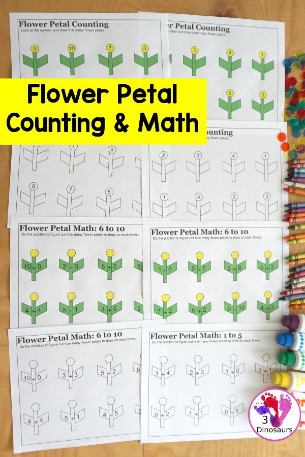 Free Flower Petal Counting & Math Printable - counting pages from 1 to 10 and addition pages working on addition up to 10. Easy with color and black and white options. - 3Dinosaurs.com
