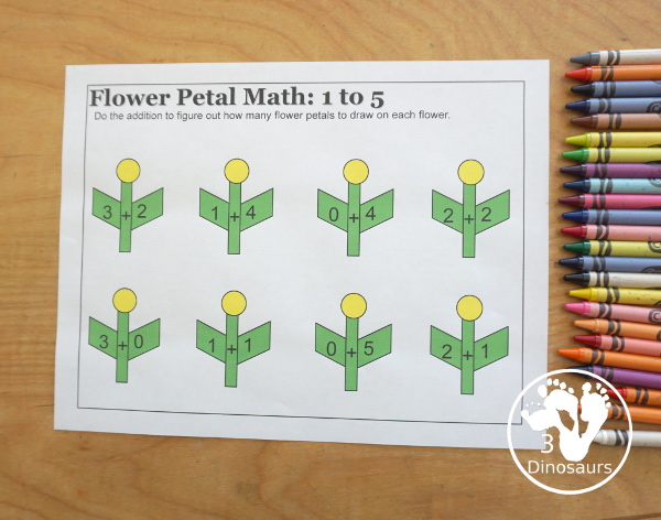 Free Flower Petal Counting & Math Printable - counting pages from 1 to 10 and addition pages working on addition up to 10. Easy with color and black and white options. - 3Dinosaurs.com