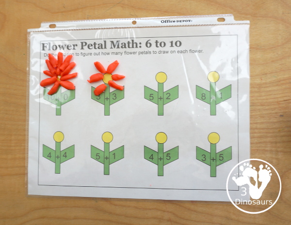 Free Flower Petal Counting & Math Printable - counting pages from 1 to 10 and addition pages working on addition up to 10. Easy with color and black and white options. - 3Dinosaurs.com