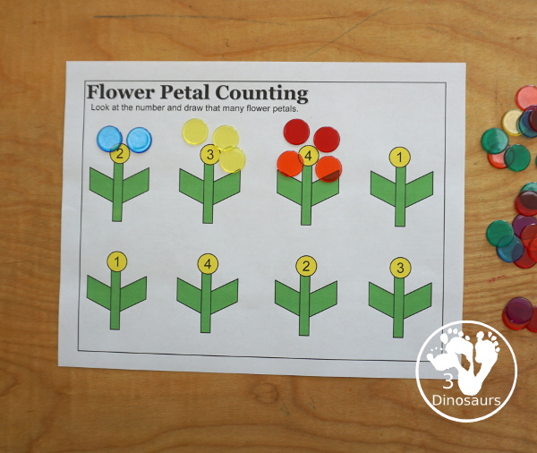 Free Flower Petal Counting & Math Printable - counting pages from 1 to 10 and addition pages working on addition up to 10. Easy with color and black and white options. - 3Dinosaurs.com