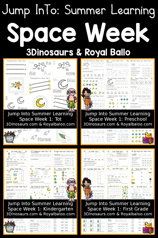 Free Jump In To Summer: Space Week 1 - tot, preschool, kindergarten, and first grade levels with 4 pages for each day for 5 days of printables