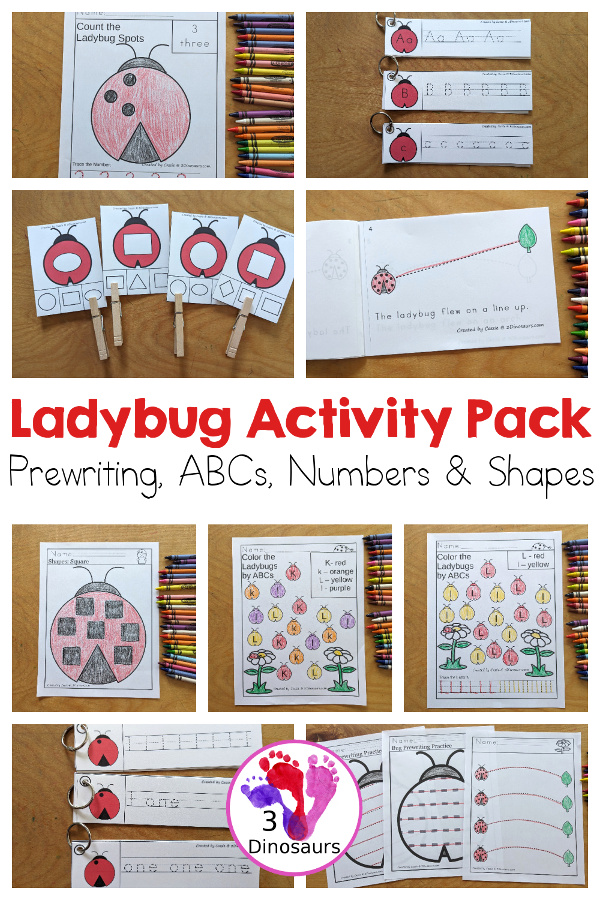Ladybug Activity Pack: Prewriting, Numbers, Shapes and ABCs - has 189 pages of printables with a mix of no-prep worksheets, tracing strips, clip cards and easy reader books that work for a bug learning center - 3Dinosaurs.com