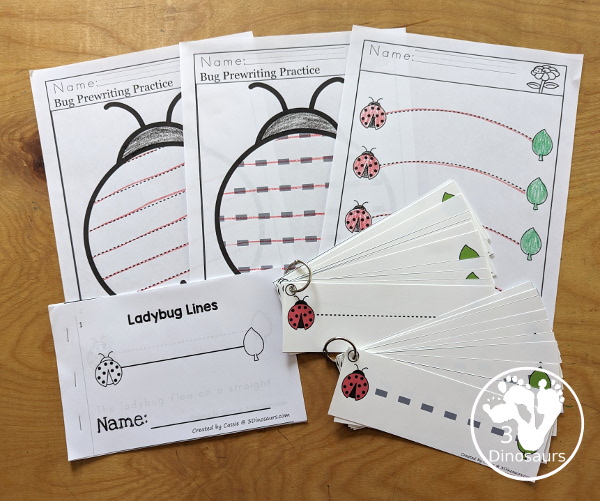 Ladybug Activity Pack: Prewriting, Numbers, Shapes and ABCs - has 189 pages of printables with a mix of no-prep worksheets, tracing strips, clip cards and easy reader books that work for a bug learning center - 3Dinosaurs.com