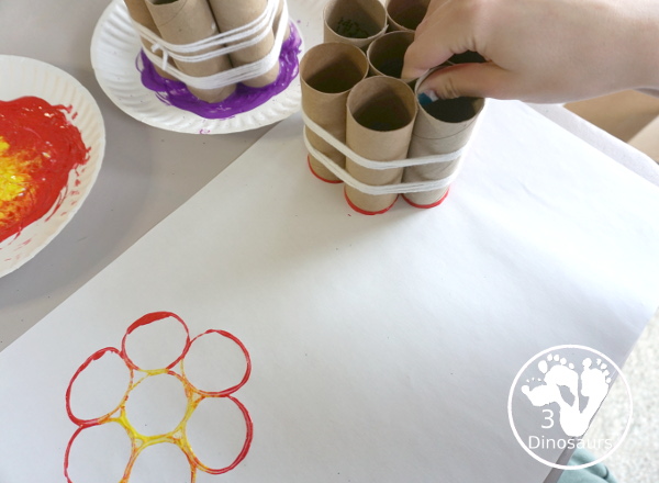 Paper Roll Flower Painting - a simple flower garden craft using paper, paints and paper rolls - painting the flowers - 3Dinosaurs.com